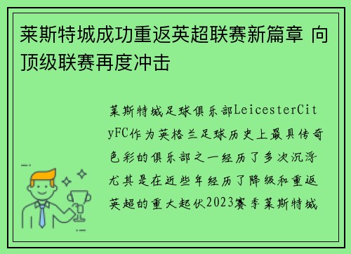 莱斯特城成功重返英超联赛新篇章 向顶级联赛再度冲击 莱斯特城成功重返英超联赛新篇章 向顶级联赛再度冲击