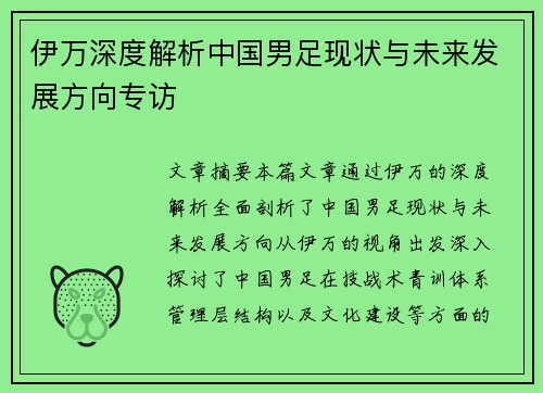 伊万深度解析中国男足现状与未来发展方向专访 伊万深度解析中国男足现状与未来发展方向专访